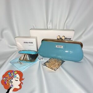 Miu Miu Aqua Blue Clutch & pocket Mirror with Gold Accents